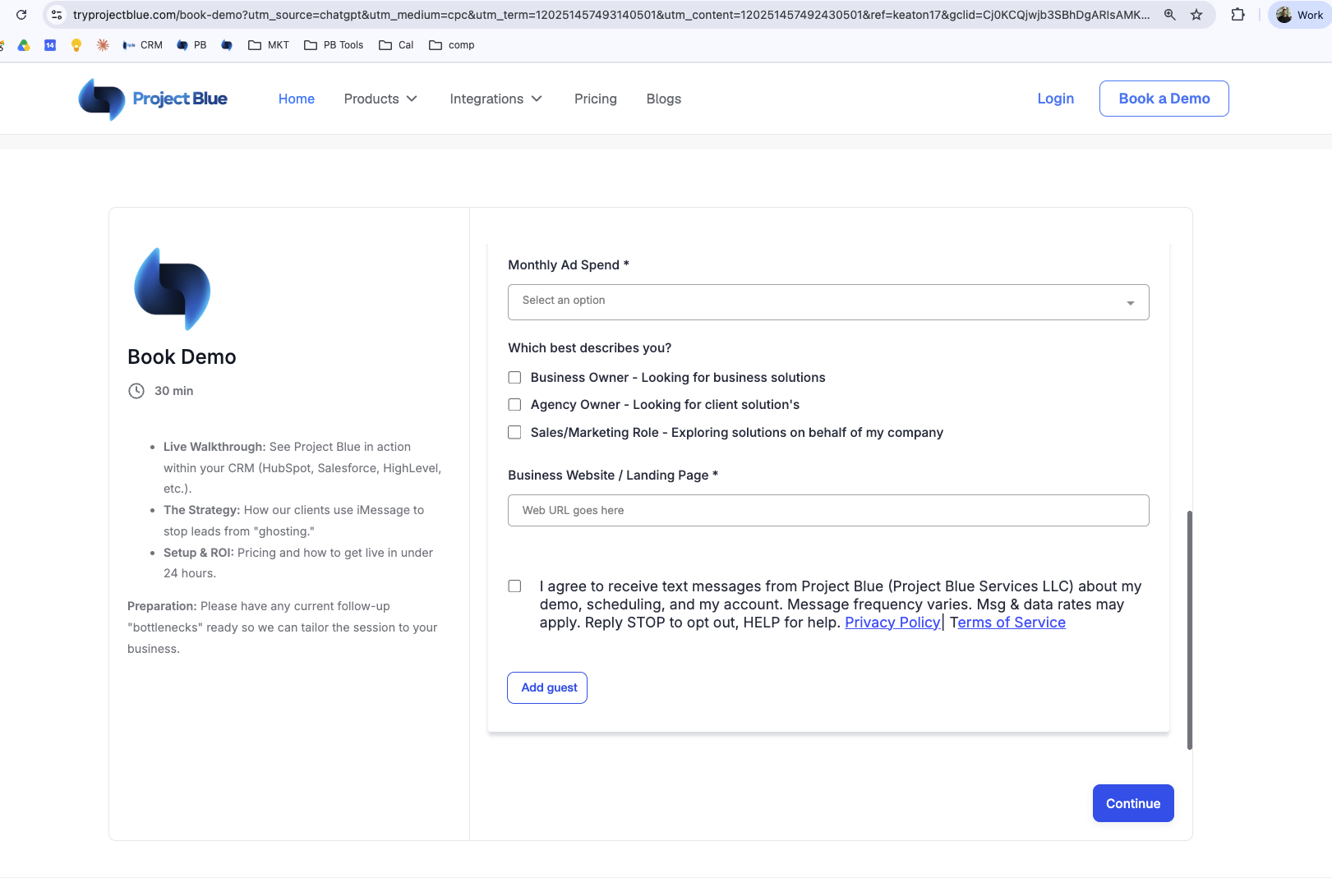 Project Blue demo booking form showing the phone field and the SMS consent checkbox